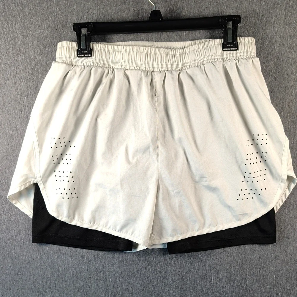 Gesean Running Shorts Sz Large White Blk Built In Compression Back Zipper Pocket
